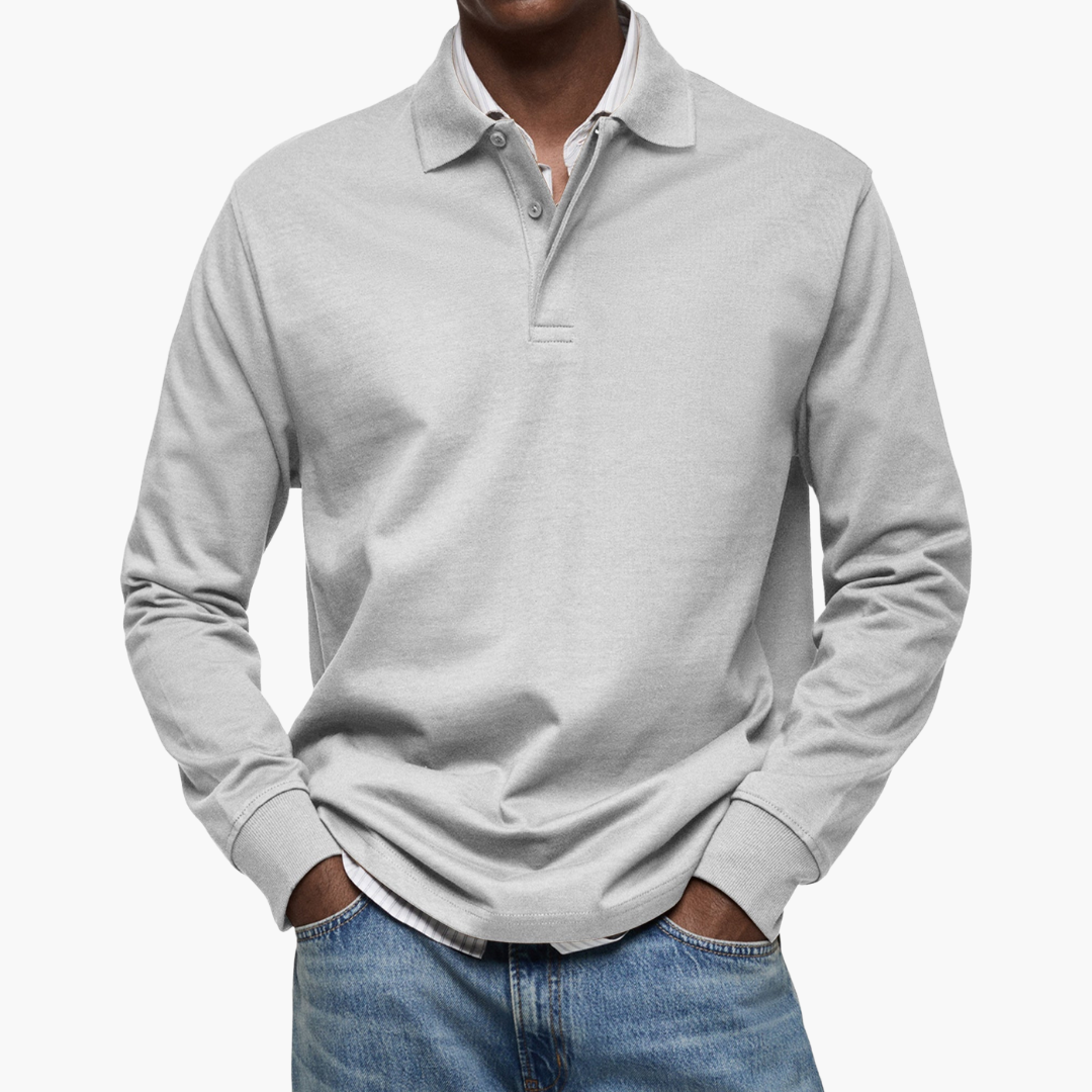 Men's Long Sleeve Polo Shirt Cotton Blend Regular Fit - Light Grey