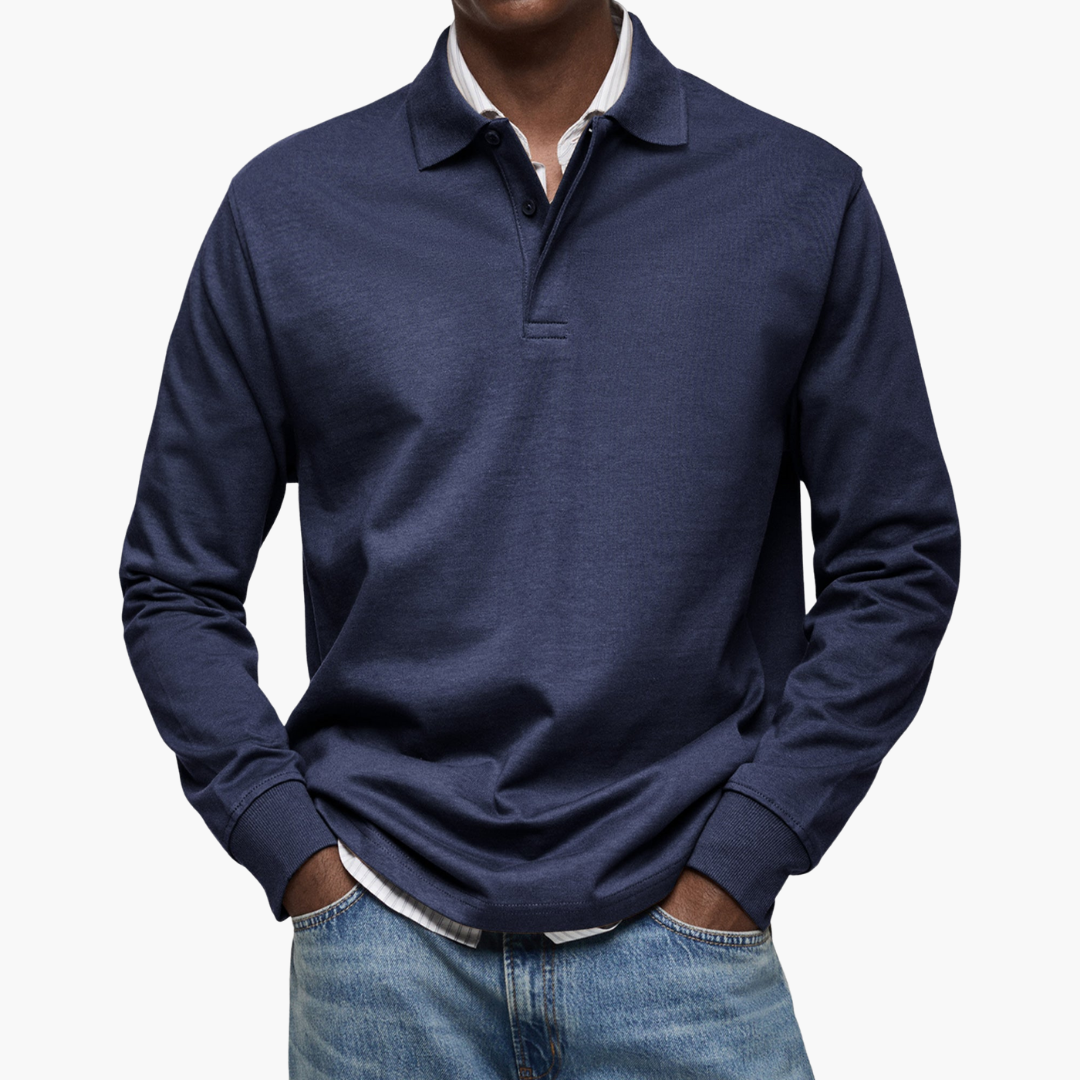 Men's Long Sleeve Polo Shirt Cotton Blend Regular Fit - Navy