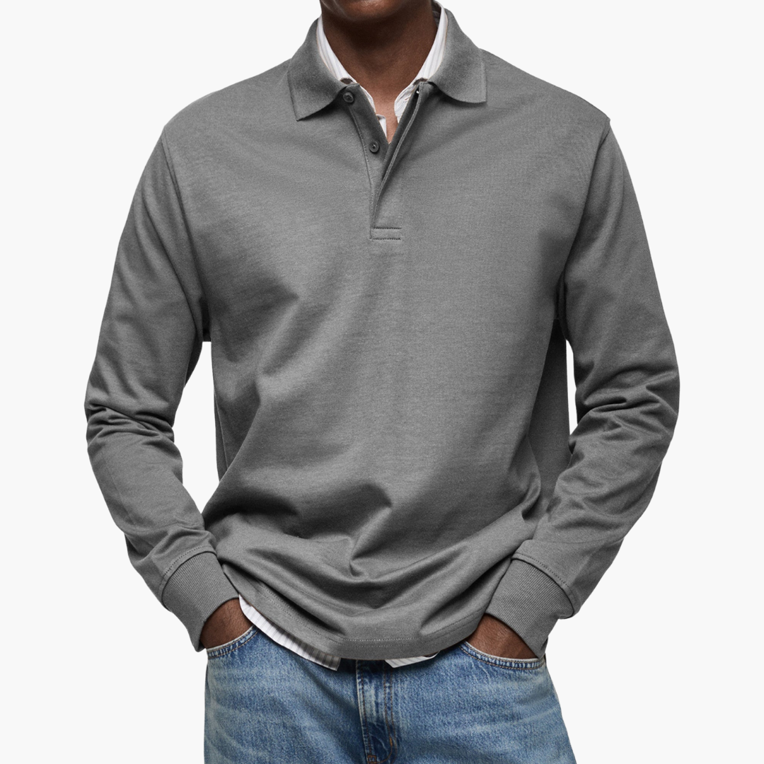 Men's Long Sleeve Polo Shirt Cotton Blend Regular Fit - Grey