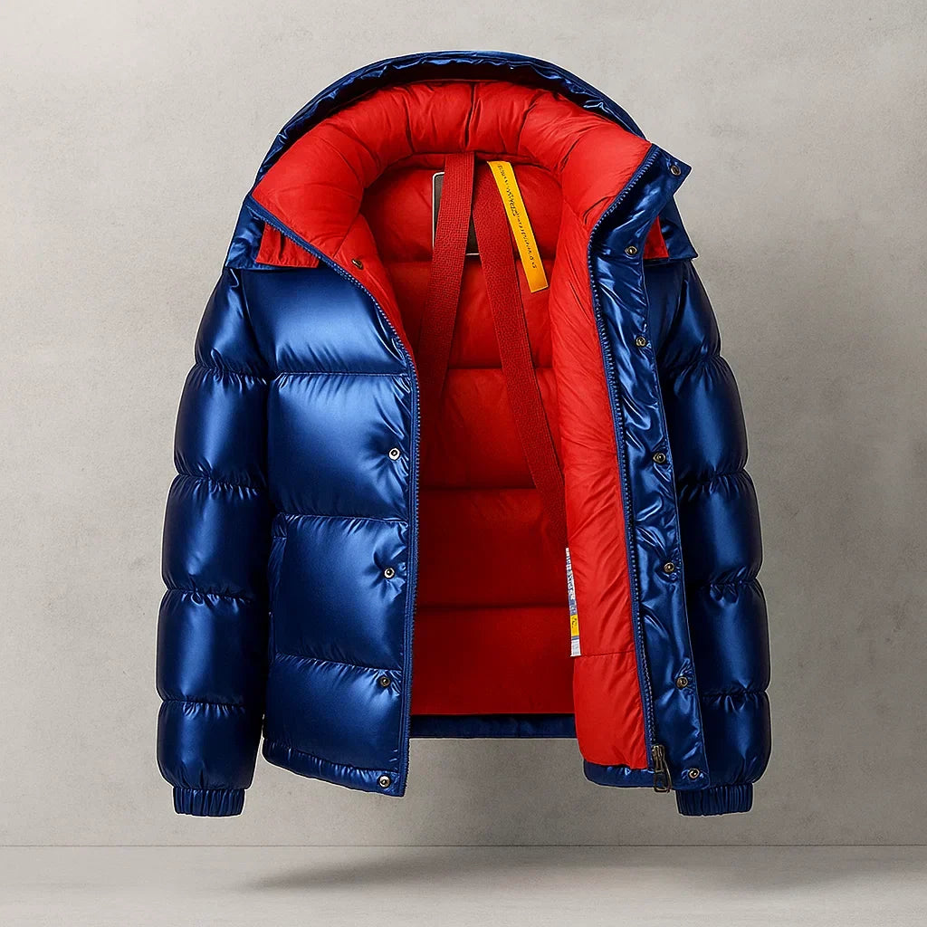 Men's Puffer Jacket with Thick Padding - Red Blue
