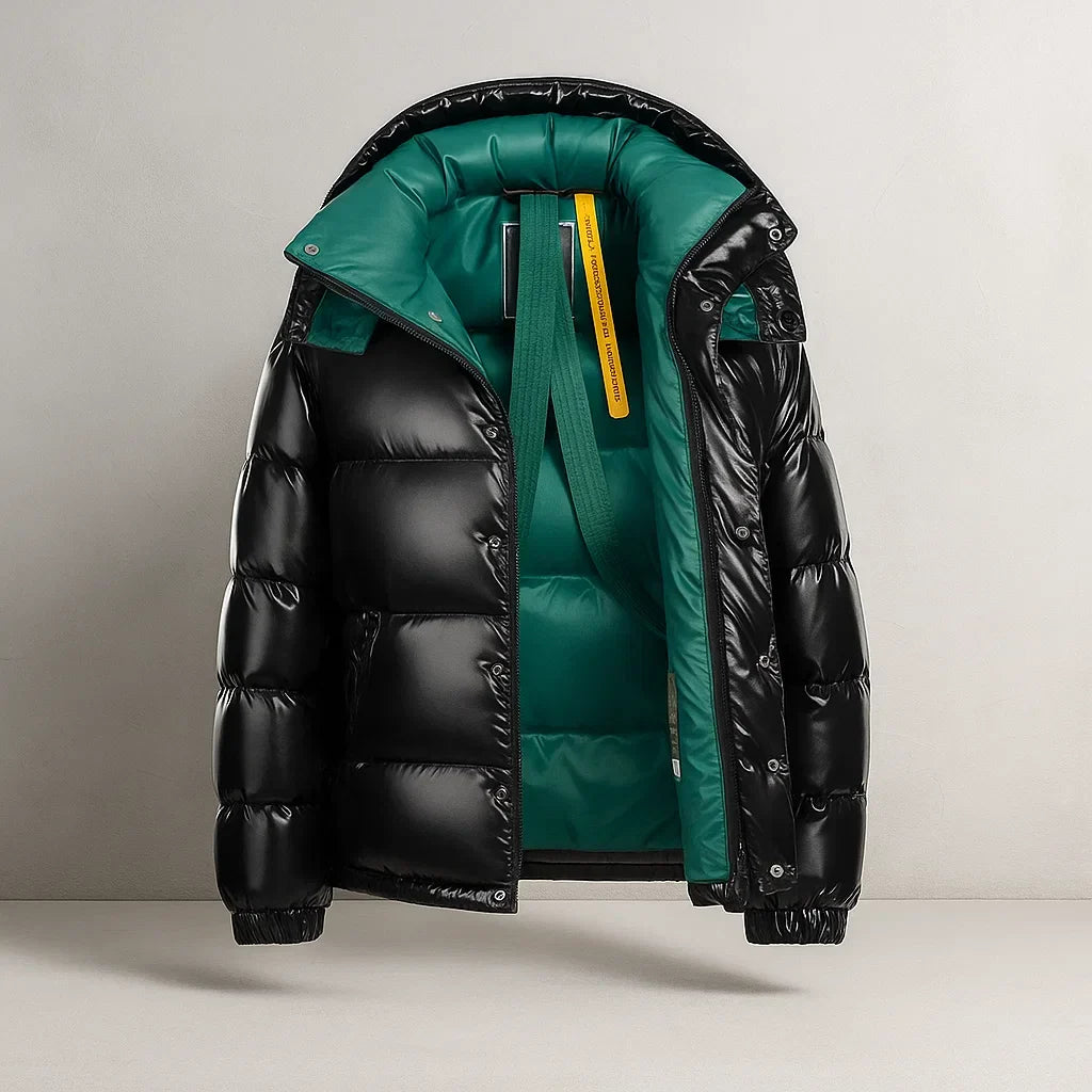 Men's Puffer Jacket with Thick Padding - Black Green