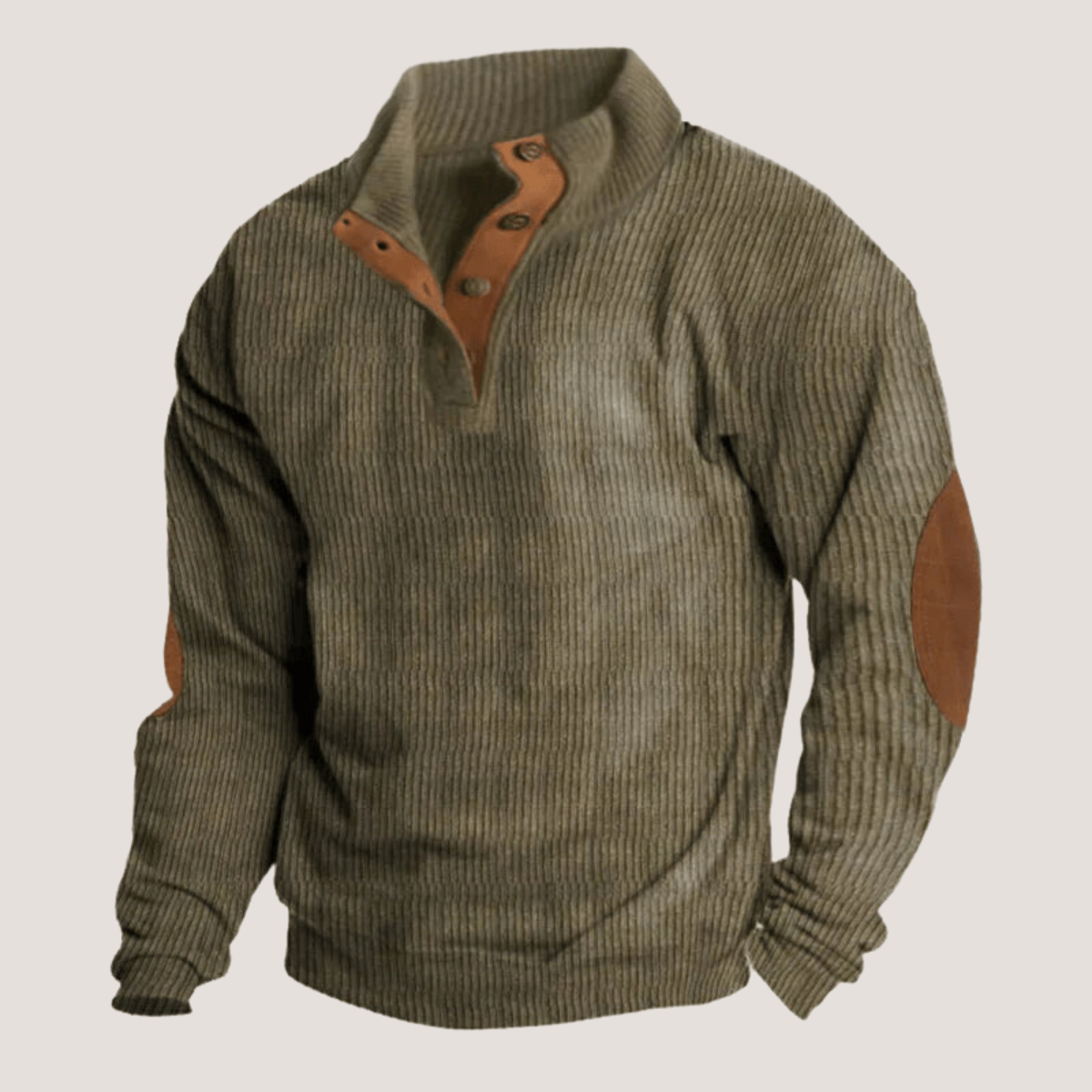 Men's ribbed knitted jumper with suede elbow patches - Green