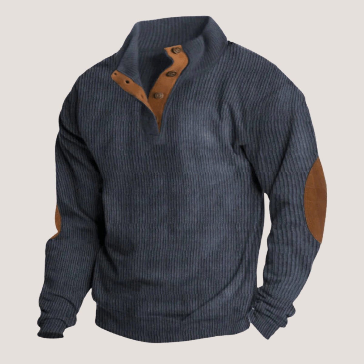 Men's ribbed knitted jumper with suede elbow patches - Dark Blue