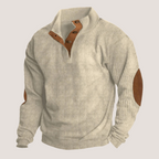 Men's ribbed knitted jumper with suede elbow patches - Beige