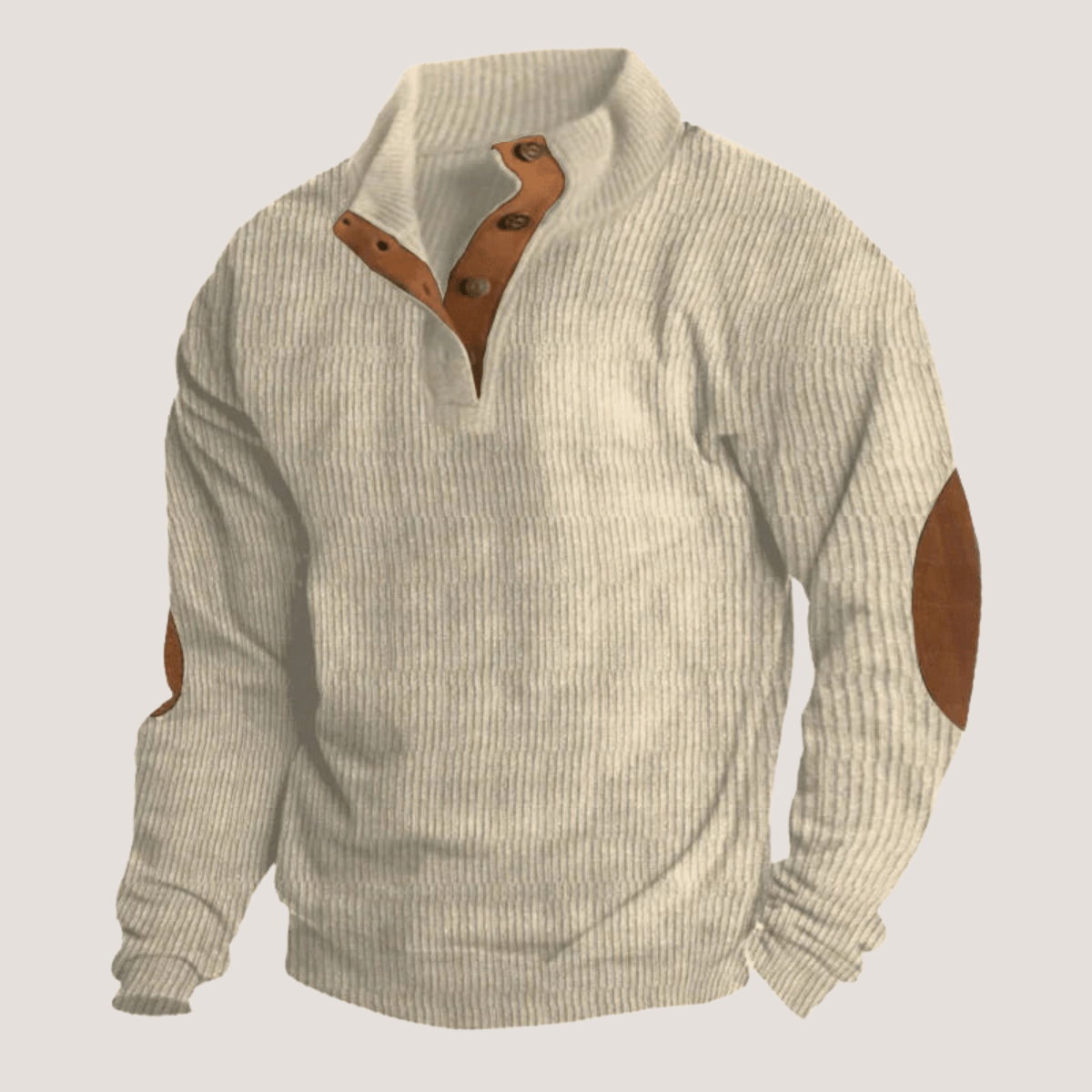 Men's ribbed knitted jumper with suede elbow patches - Beige