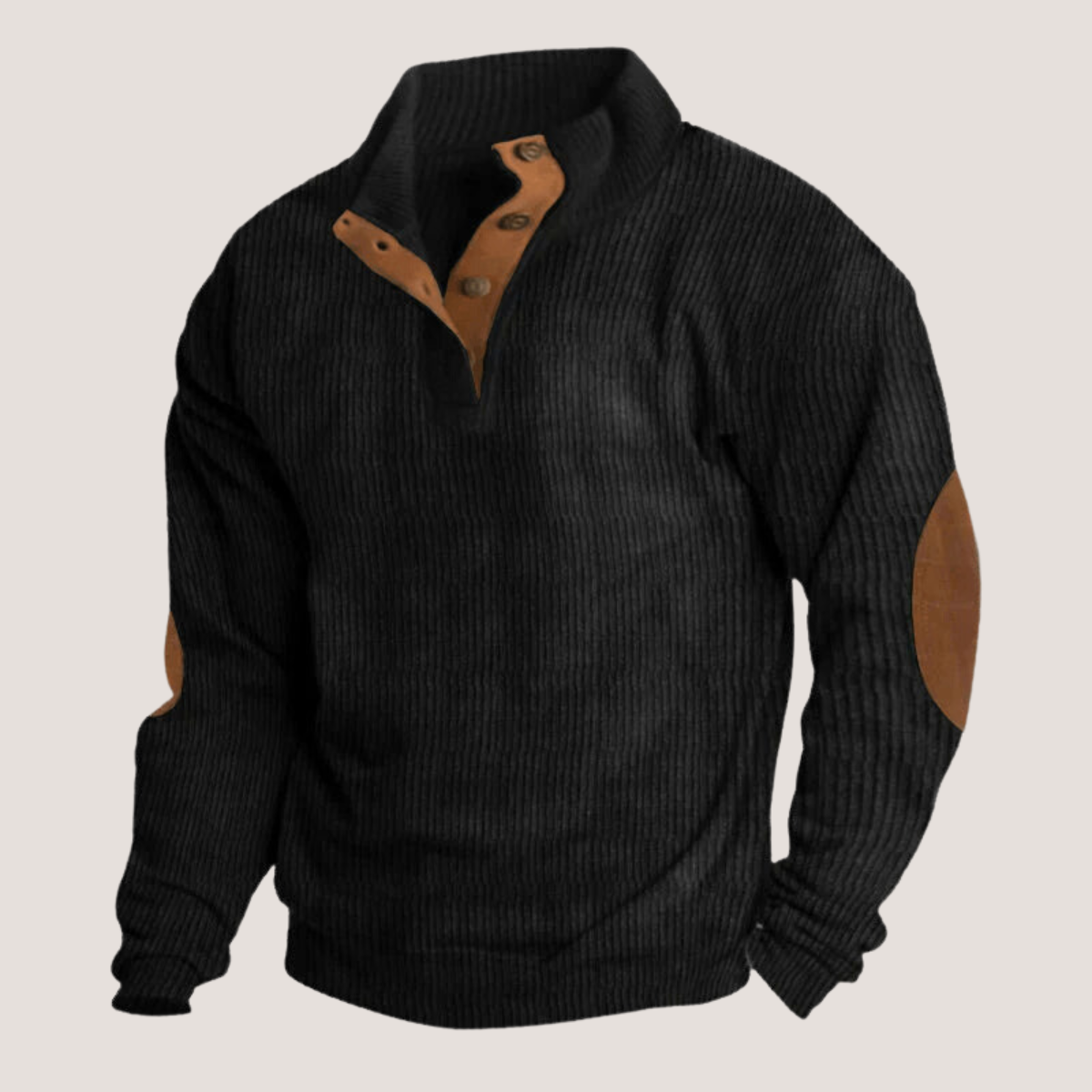 Men's ribbed knitted jumper with suede elbow patches - Black