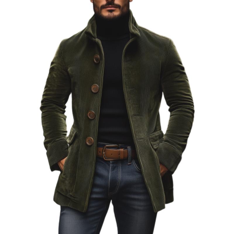 Men's Short Coat Corduroy High Collar Fitted Cut - Vert Armée