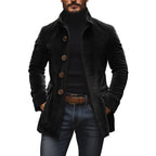 Men's Short Coat Corduroy High Collar Fitted Cut - Black