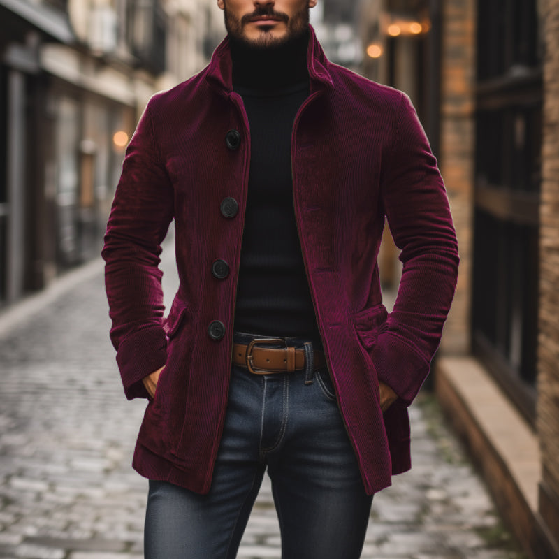 Men's Short Coat Corduroy High Collar Fitted Cut