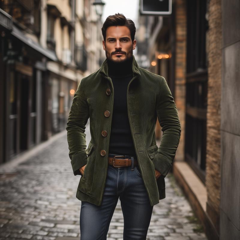 Men's Short Coat Corduroy High Collar Fitted Cut