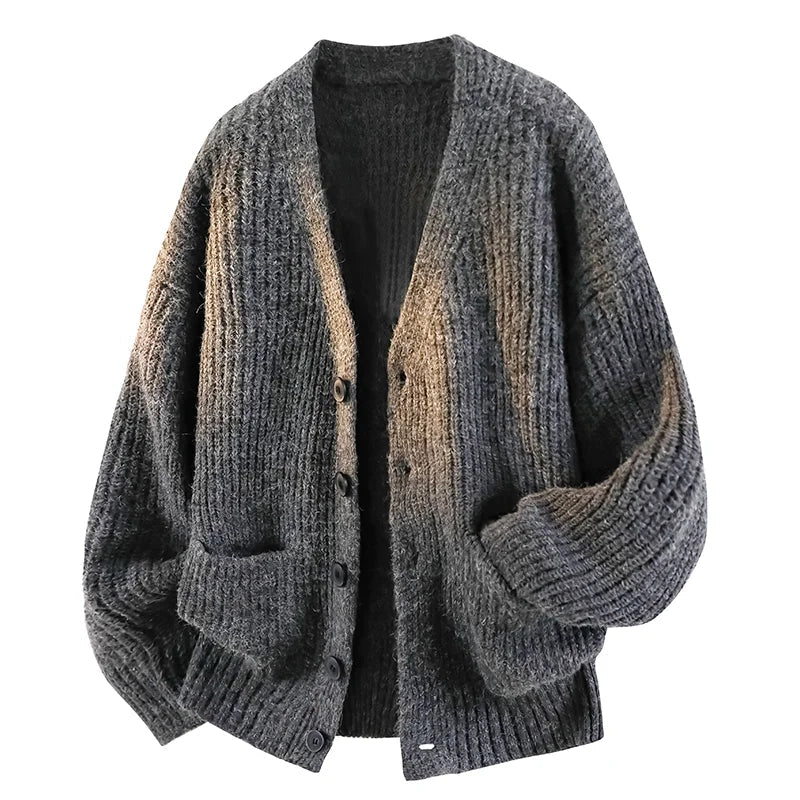 Men's V-Neck Cardigan Relaxed Oversized Fit Knitted Warm - Charcoal