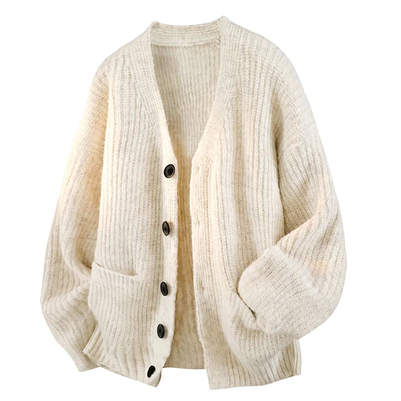 Men's V-Neck Cardigan Relaxed Oversized Fit Knitted Warm - Beige
