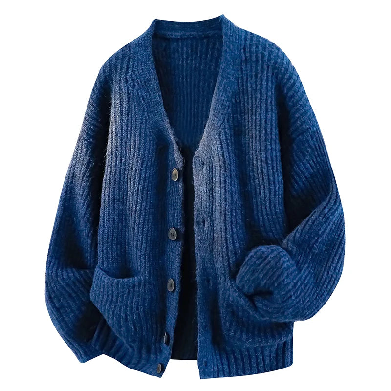 Men's V-Neck Cardigan Relaxed Oversized Fit Knitted Warm - Blue