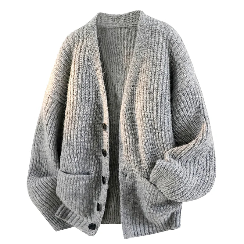 Men's V-Neck Cardigan Relaxed Oversized Fit Knitted Warm - Grey