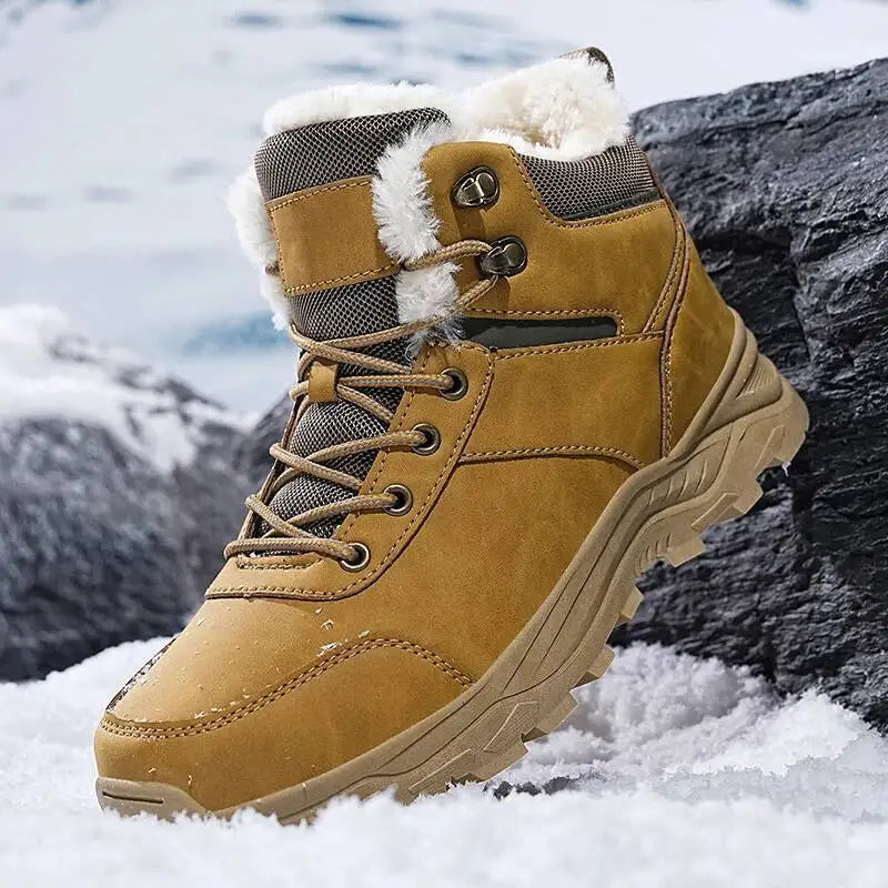Men's winter boots with faux fur upper and ankle-high lace-up design