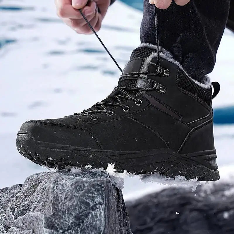 Men's winter boots with faux fur upper and ankle-high lace-up design