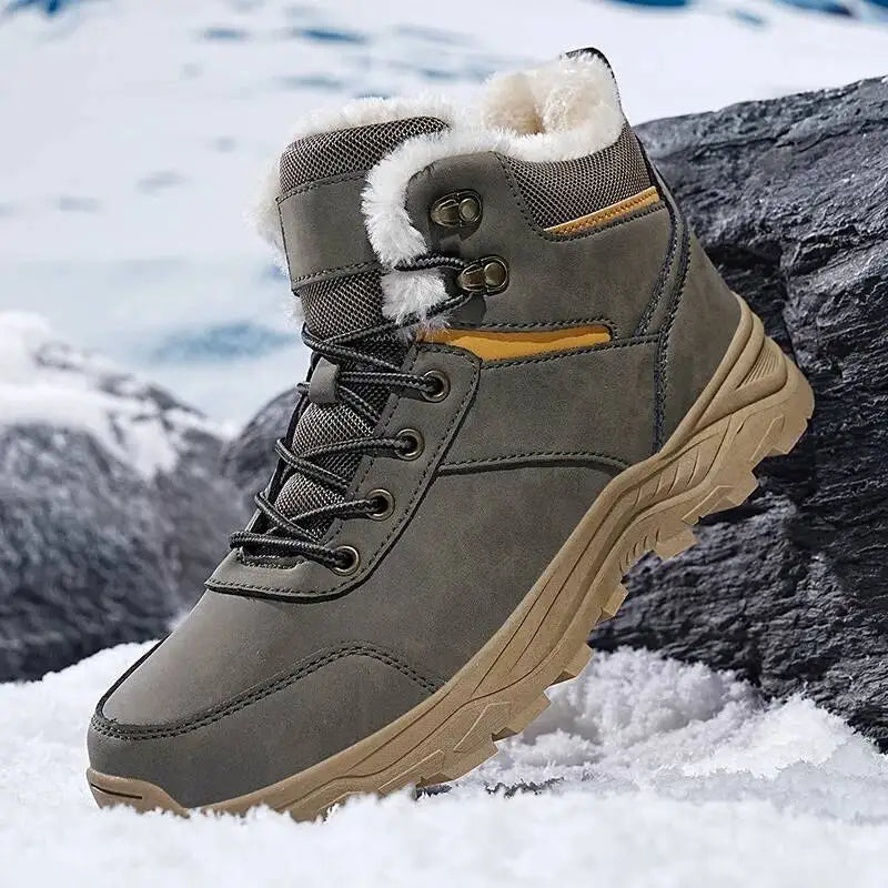 Men's winter boots with faux fur upper and ankle-high lace-up design