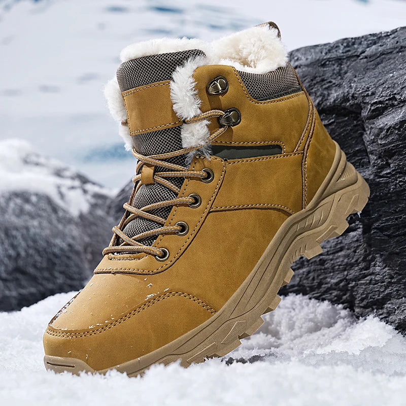 Men's winter boots with faux fur upper and ankle-high lace-up design - Brown