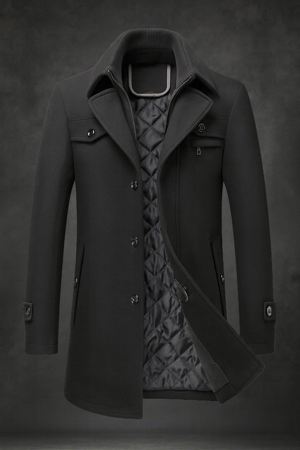 Men's winter coat with textured collar and warm lining - Black