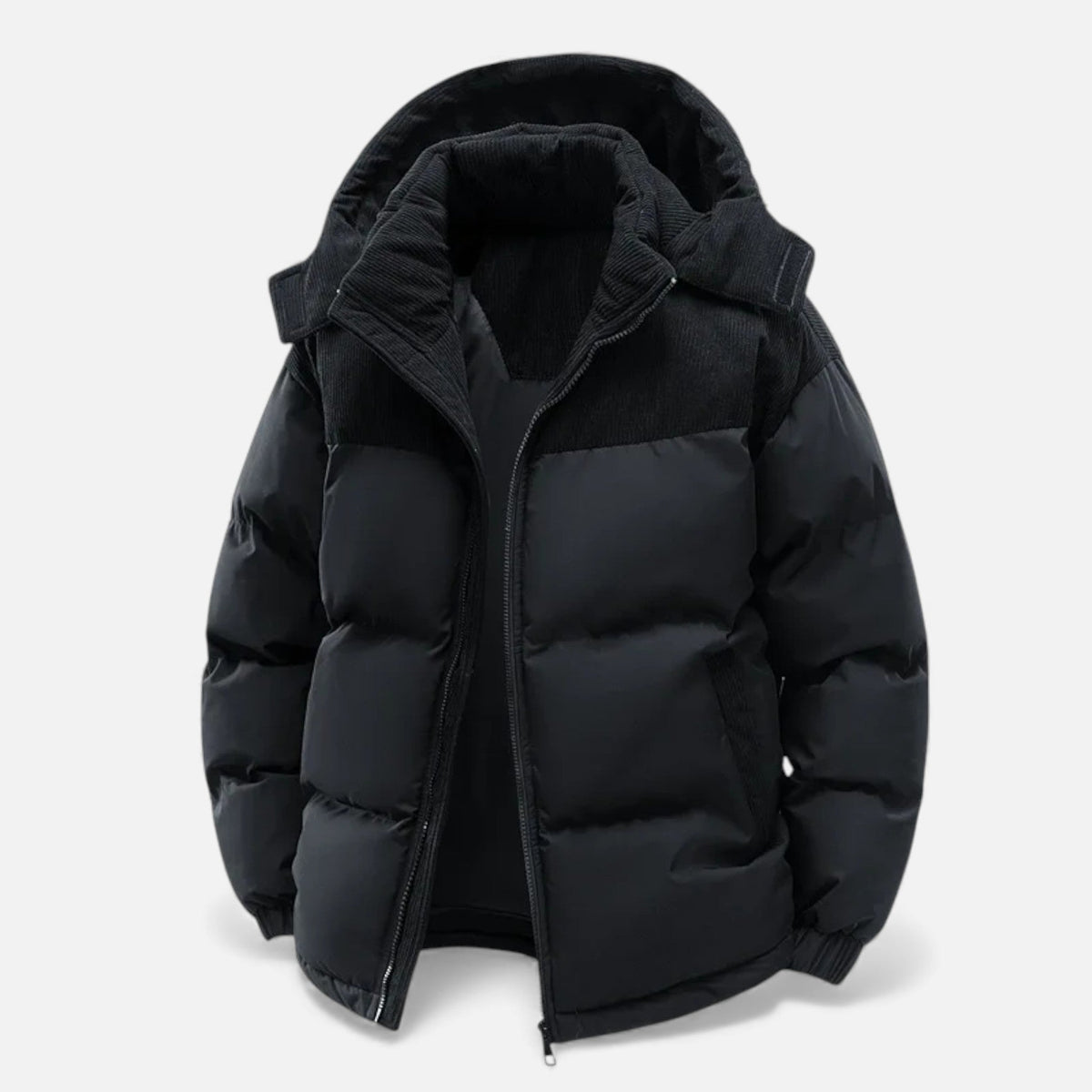 Men's winter jacket with fleece lining and removable hood - Black