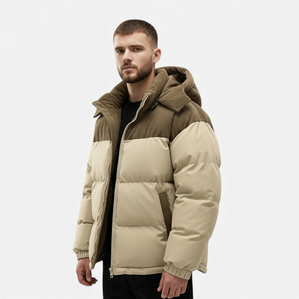 Men's winter jacket with fleece lining and removable hood
