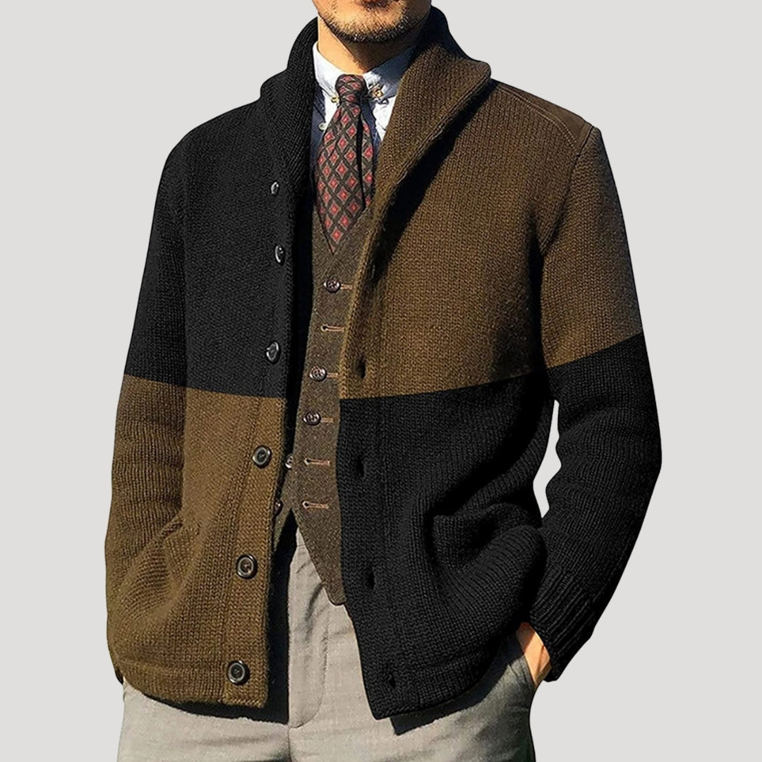 Men's wool cardigan with shawl collar coatigan - Black/Brown