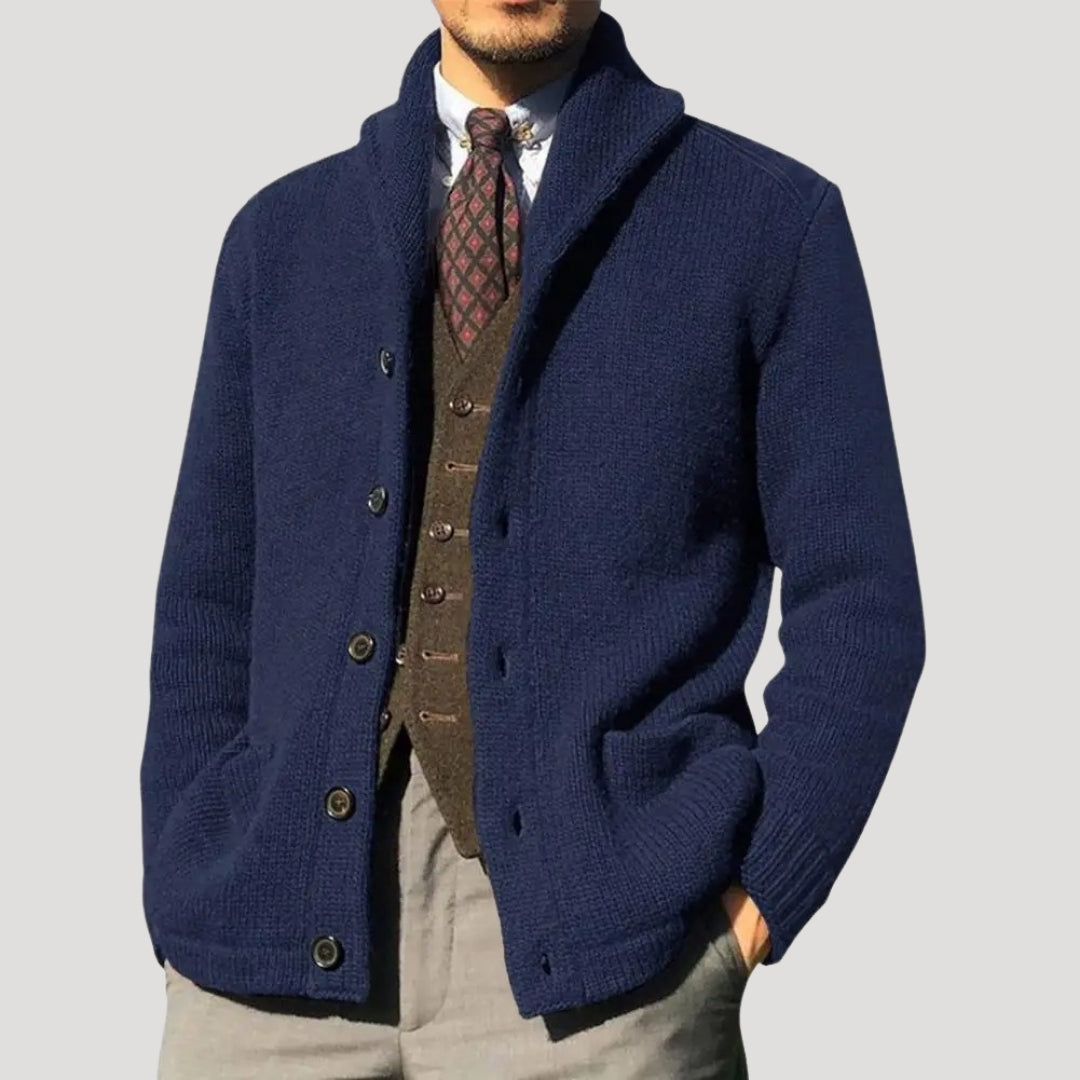 Men's wool cardigan with shawl collar coatigan - Dark Blue