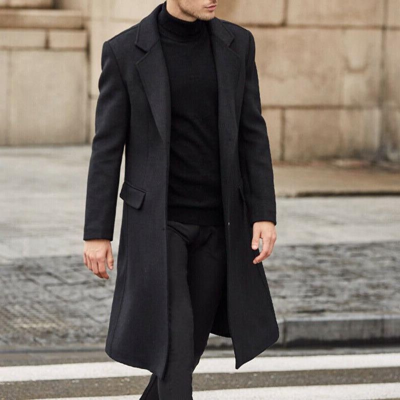 Men's Wool Overcoat with Lapel Collar - Black