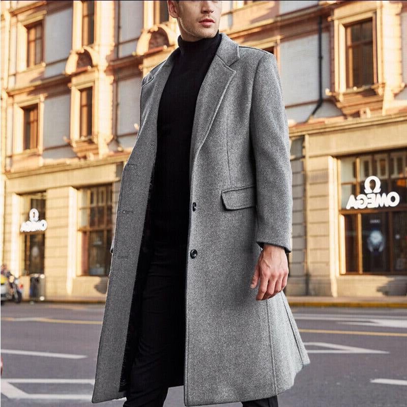 Men's Wool Overcoat with Lapel Collar - Grey
