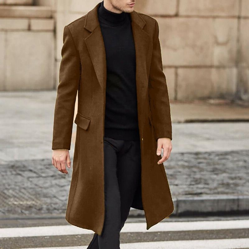 Men's Wool Overcoat with Lapel Collar - Dark Brown