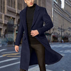 Men's Wool Overcoat with Lapel Collar - Dark Blue