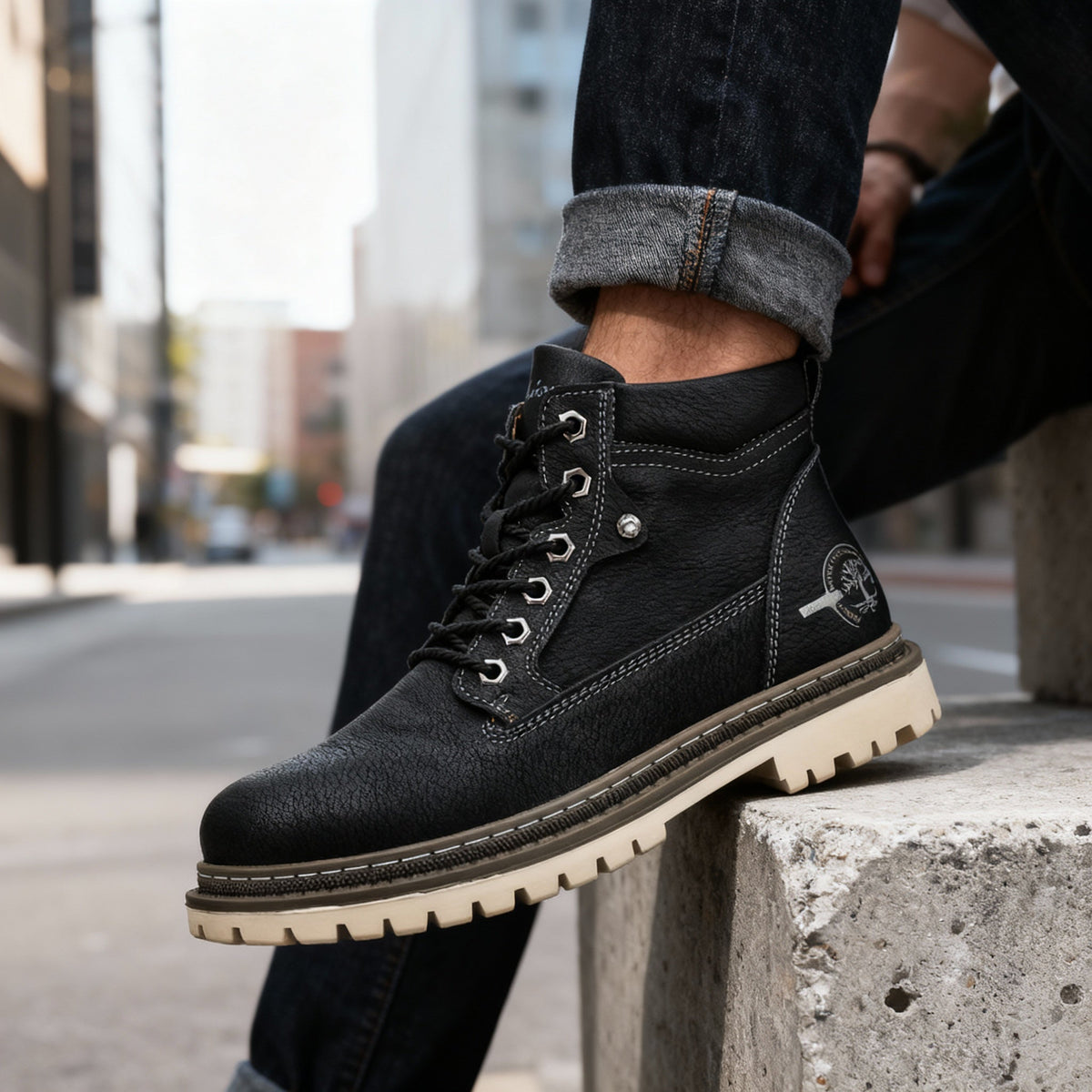 Men's work boots with reinforced upper and welted sole