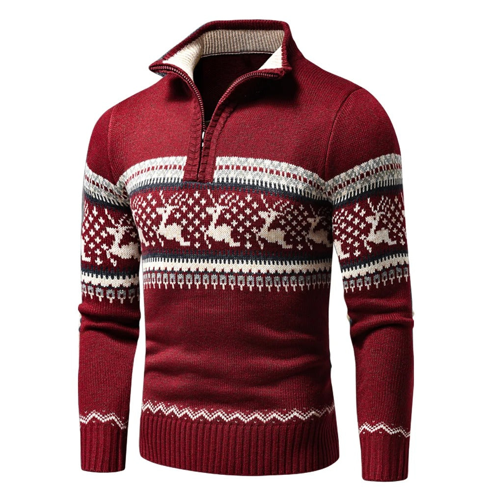 Men's Zip Jumper Festive Cotton Blend Collar - Red