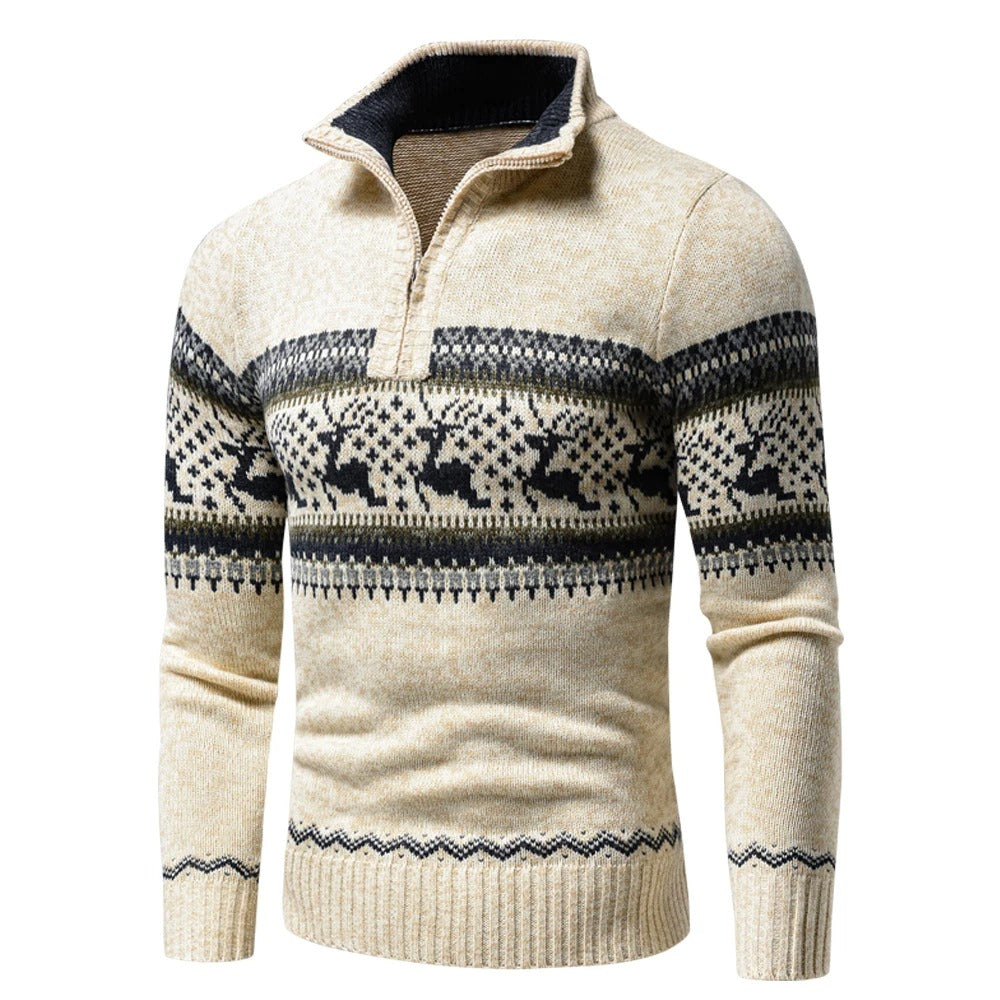 Men's Zip Jumper Festive Cotton Blend Collar - Beige