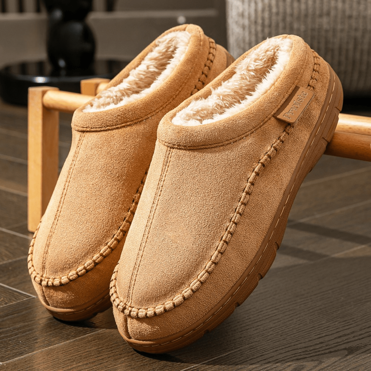 Fleece Lined Moccasin Slip-On Slippers - Khaki