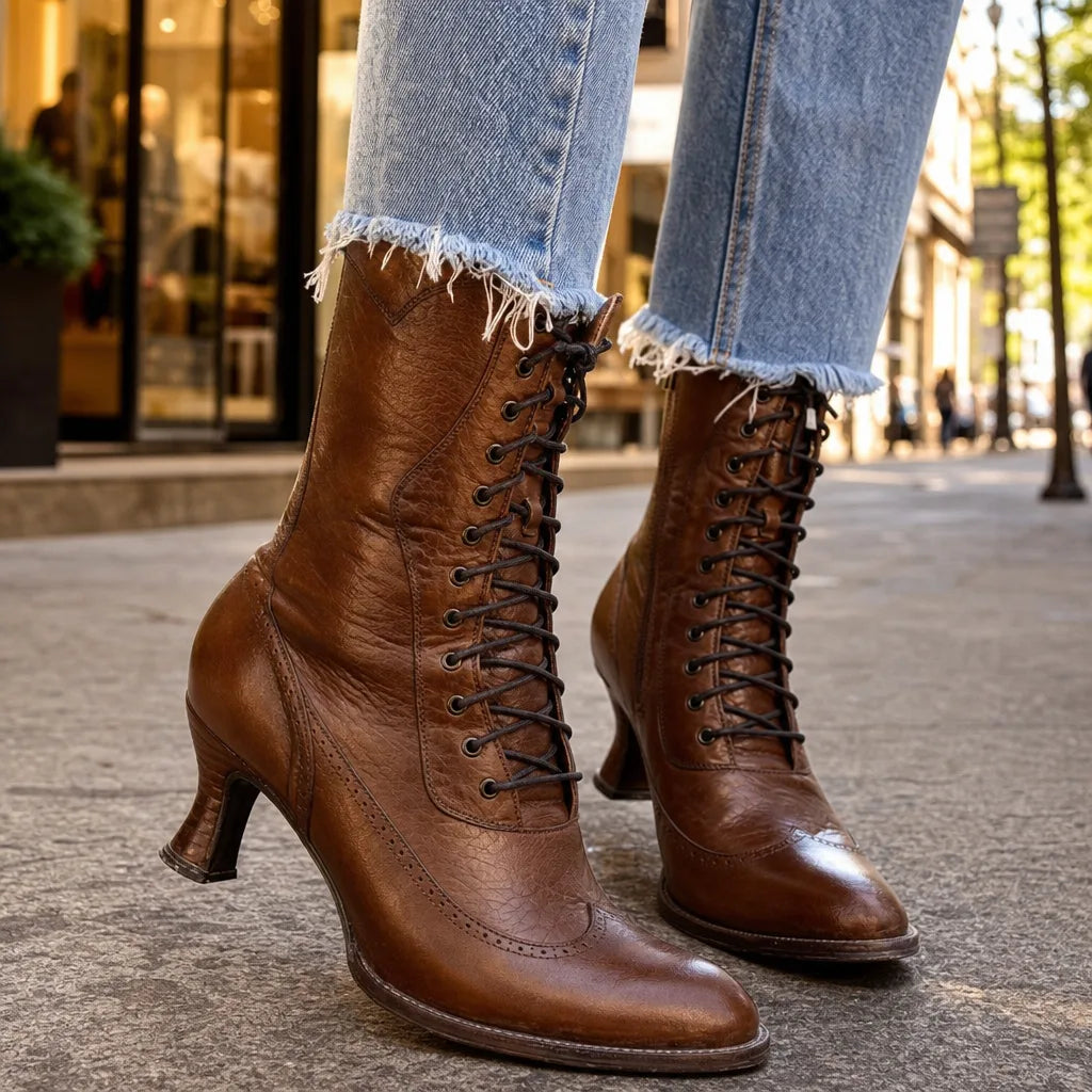 Women's Lace-Up Ankle Boots with Brogue Detailing