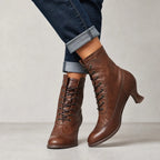 Women's Lace-Up Ankle Boots with Brogue Detailing - Brown