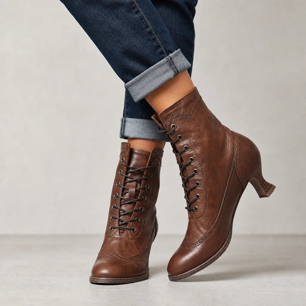 Women's Lace-Up Ankle Boots with Brogue Detailing - Brown