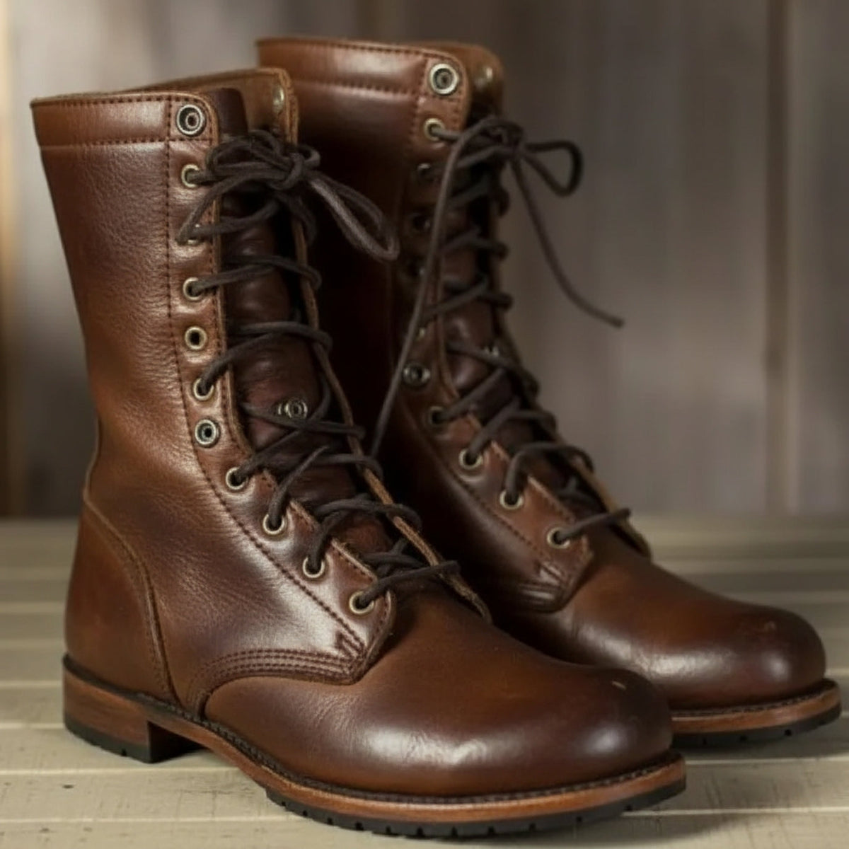 Women's Lace-Up Ankle Boots Faux Leather Block Heel - Marron Foncé