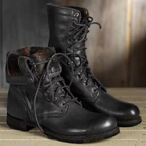 Women's Lace-Up Ankle Boots Faux Leather Block Heel - Black