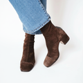 Women's Square Toe Ankle Boots with Block Heel - Marron Foncé
