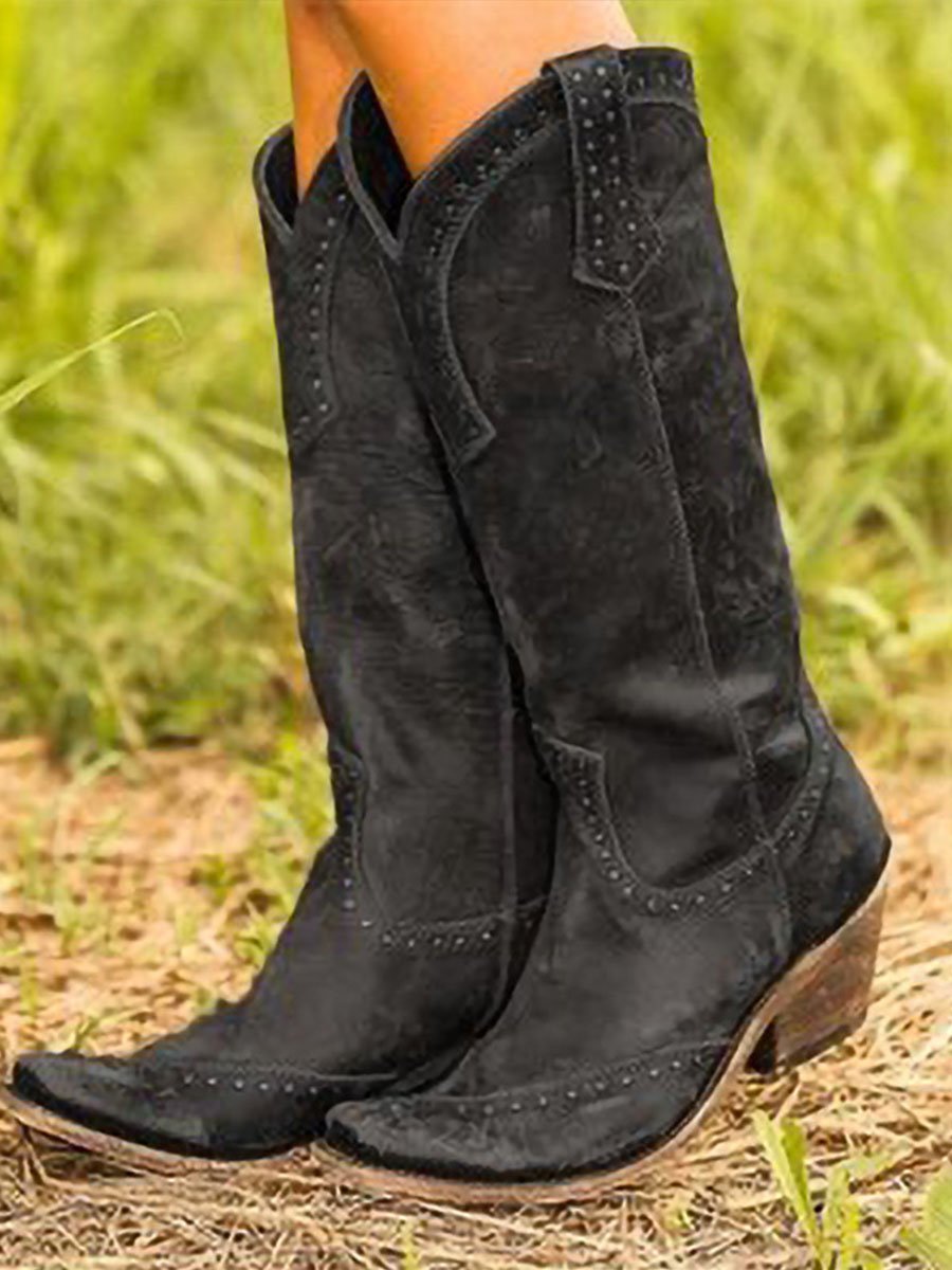 Women's Cowboy Boots Distressed Suede Studded - Black
