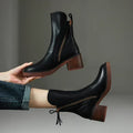 Women's genuine leather ankle boots with block heel - Black
