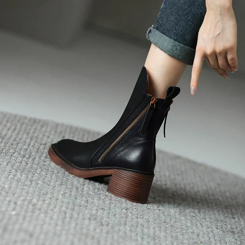 Women's genuine leather ankle boots with block heel