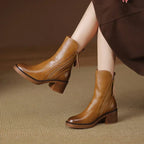 Women's genuine leather ankle boots with block heel - Brown
