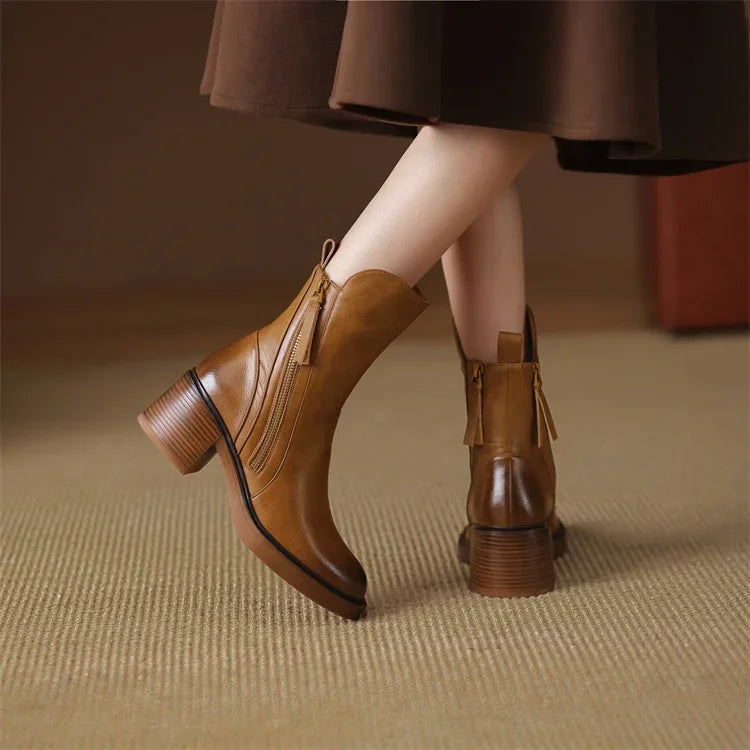 Women's genuine leather ankle boots with block heel