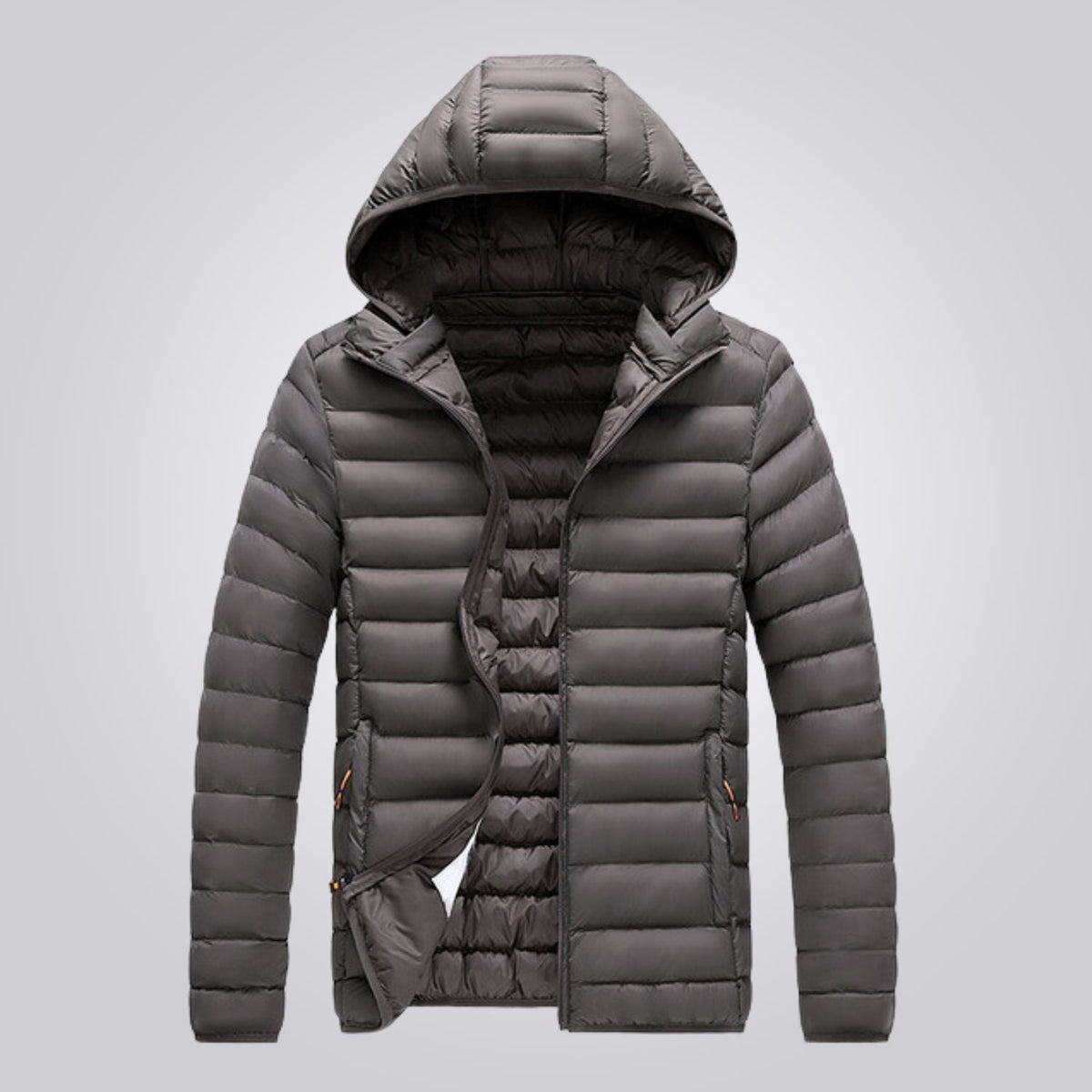 Women's hooded longline puffer jacket, quilted and padded for winter - Grey
