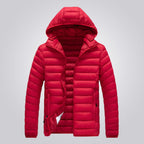 Women's hooded longline puffer jacket, quilted and padded for winter - Red