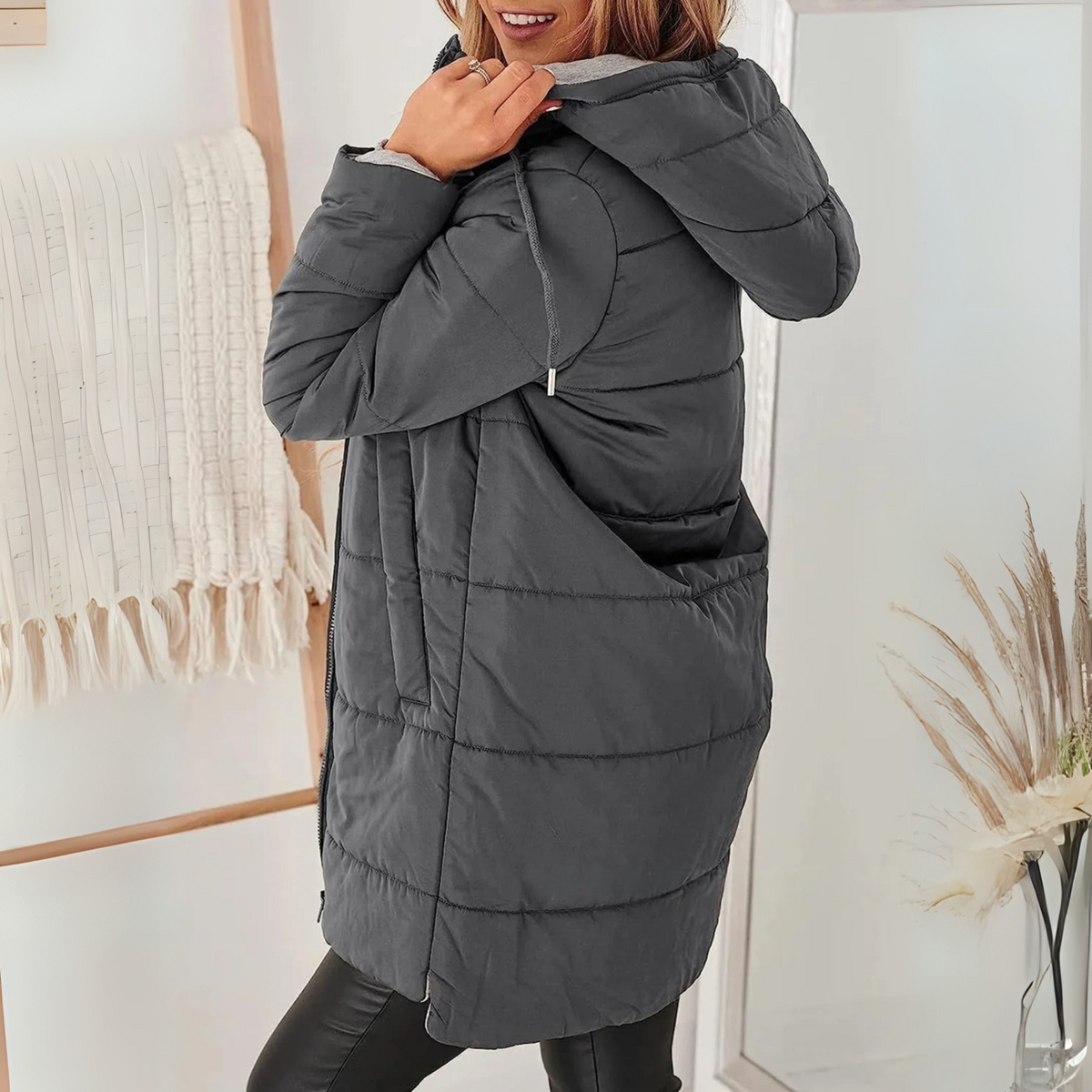 Women's Hooded Puffer Jacket Down Padded Winter Coat - Dark Grey
