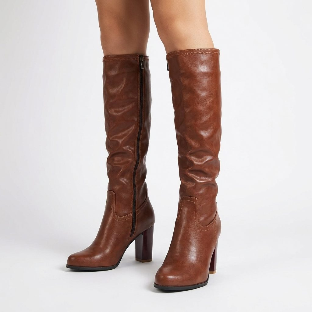 Women's knee high leather boots with block heel - Brown